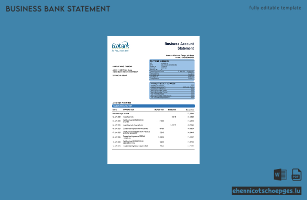 Beispiel eines Kontoauszugs der Congo Ecobank (Word- und PDF-Datei)